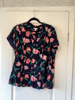croft & barrow Navy Floral Button-Front Blouse 1XL EUC